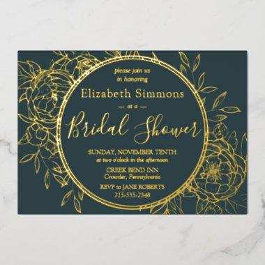 Dark Teal & Gold Modern Line Toile Bridal Shower Foil Invitations