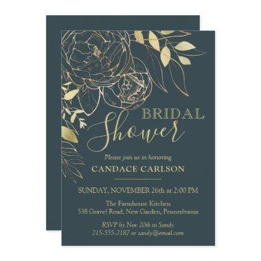 Dark Teal & Gold Peony Modern Floral