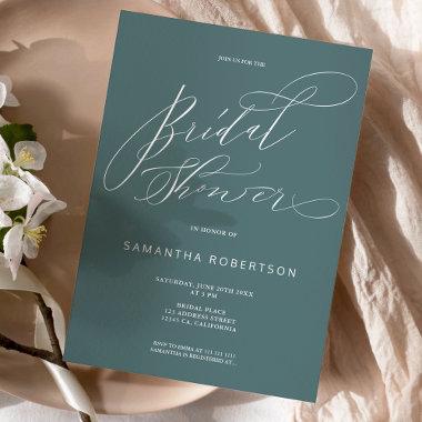 Dark teal minimalist calligraphy bridal shower Invitations