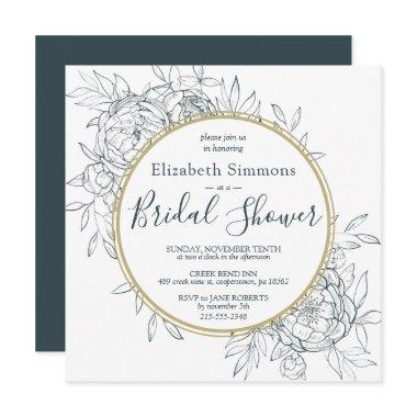 Dark Teal Peony Floral Modern Toile Bridal Shower Invitations