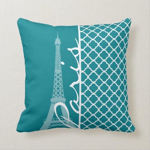 Dark Turquoise Quatrefoil; Eiffel Tower, Paris Throw Pillow