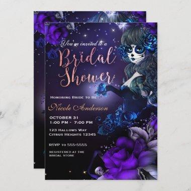 Day of the Dead Girl Purple Blue Bridal Shower Invitations