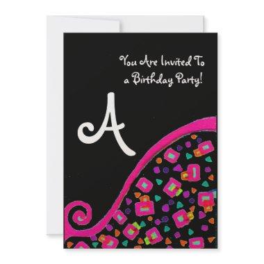 DECO MONOGRAM BIRTHDAY PARTY, fuchsia black gold Invitations