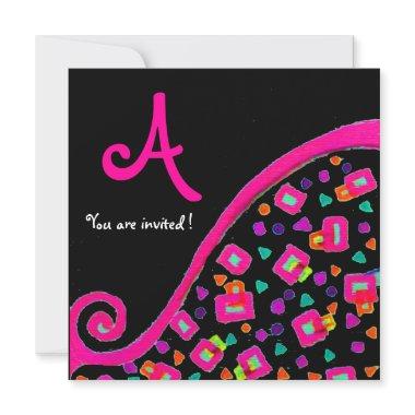 DECO MONOGRAM,Pink Violet Fuchsia Black Invitations