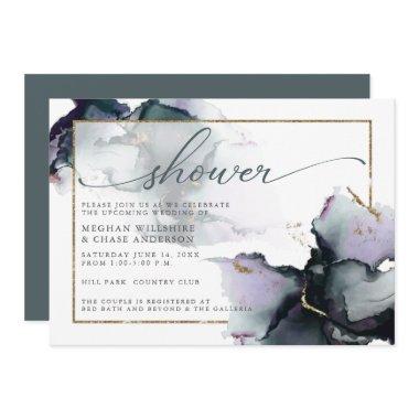 Deep Cyan Muted Smokey Purple Abstract Watercolor Invitations