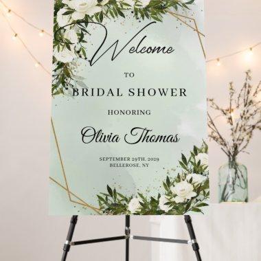 Deep green foliage white roses gold bridal shower foam board