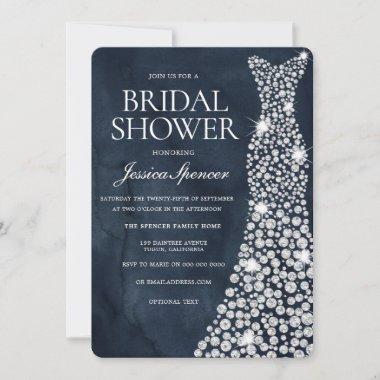 Deep Navy Blue White Wedding Dress Bridal Shower Invitations