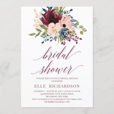 Deep red burgundy navy floral bridal shower Invitations