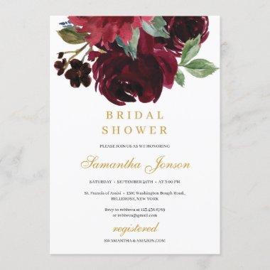 Deep red merlot flowers and gold winter bridal Invitations