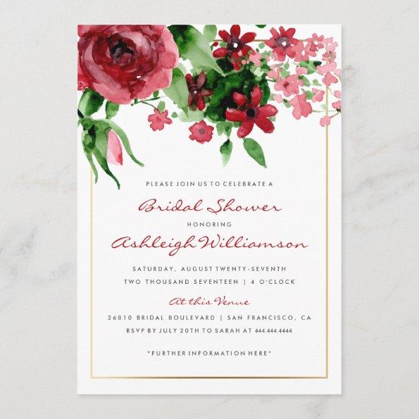 Deep Red Watercolor Rose Bridal Shower Invitations