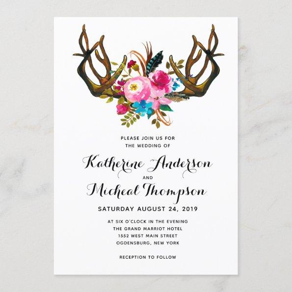 Deer Antler Floral Wedding Invitations