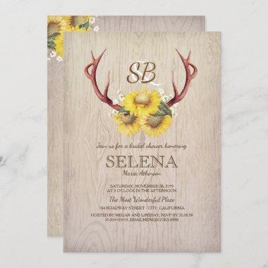 Deer Antlers and Sunflower Rustic Bridal Shower Invitations