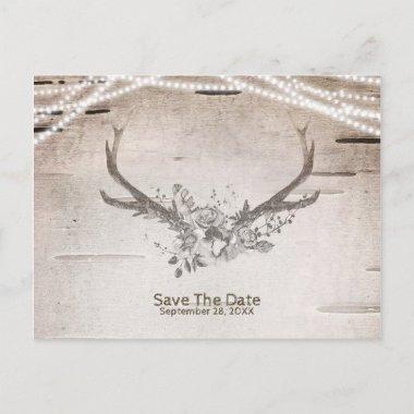Deer Antlers & Birch Vintage Wedding Save the Date Announcement PostInvitations