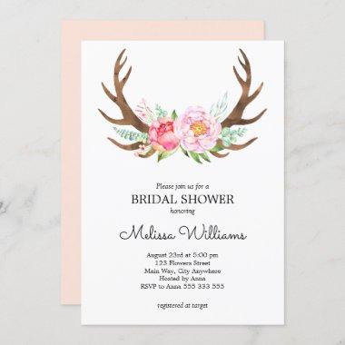 Deer Antlers Boho Floral Watercolor Pink Bridal Invitations