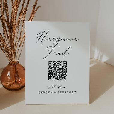 Delicate Black Calligraphy QR Code Honeymoon Fund Pedestal Sign