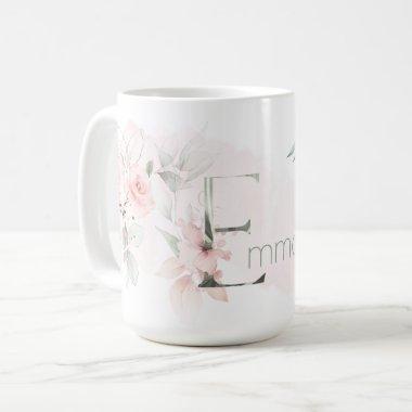 Delicate Blush Pink Rose Monogram Letter E Coffee Mug
