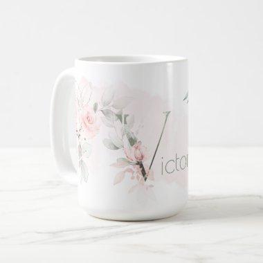 Delicate Blush Pink Rose Monogram Letter V Coffee Mug