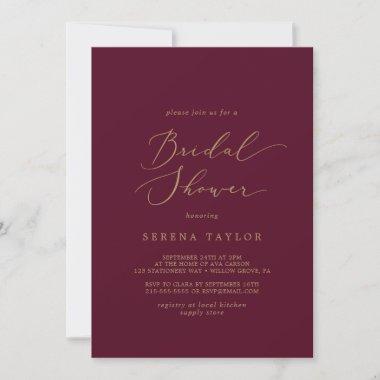 Delicate Gold Calligraphy | Burgundy Bridal Shower Invitations