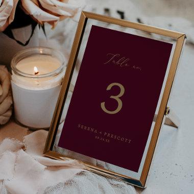 Delicate Gold Calligraphy | Burgundy Table No. Table Number