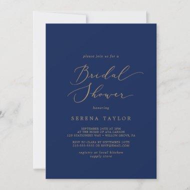 Delicate Gold Calligraphy | Navy Bridal Shower Invitations