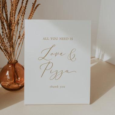 Delicate Gold Calligraphy Wedding Love and Pizza Pedestal Sign