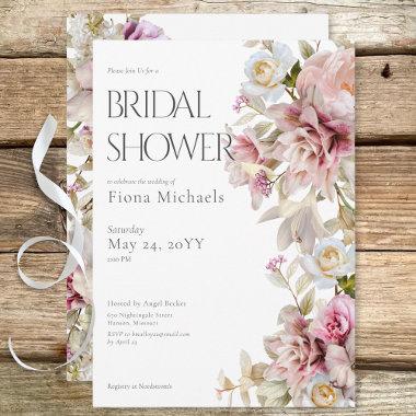 Delicate Modern Pink Rose & Lily Bridal Shower Invitations