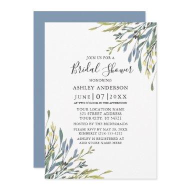 Delicate Watercolor Greenery Dusty Blue Shower