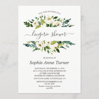 Delicate White Floral Calligraphy Lingerie Shower Invitations
