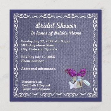 Denim Blue Burlap, Purple Flower, Jar Bride Shower Invitations