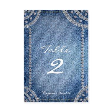 Denim & Diamonds Birthday Party Table Number Card