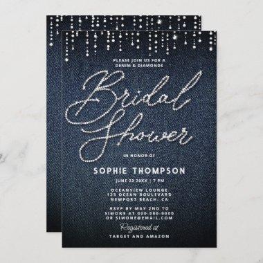 Denim Diamonds Calligraphy Elegant Bridal Shower Invitations