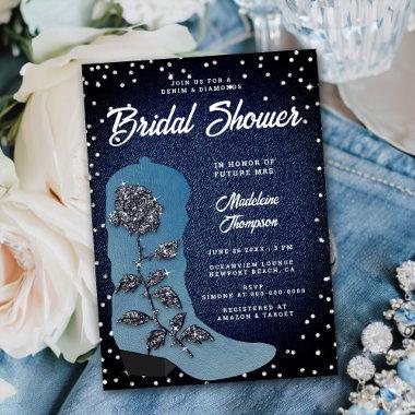 Denim Diamonds Cowgirl Boot Rose Bridal Shower Invitations