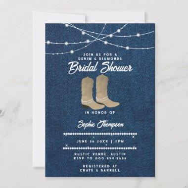 Denim Diamonds Cowgirl Boots Lights Bridal Shower Invitations