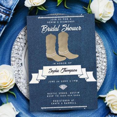 Denim Diamonds Cowgirl Boots Rustic Bridal Shower Invitations
