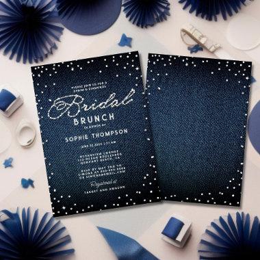 Denim Diamonds Glitter Blue Elegant Bridal Brunch Invitations