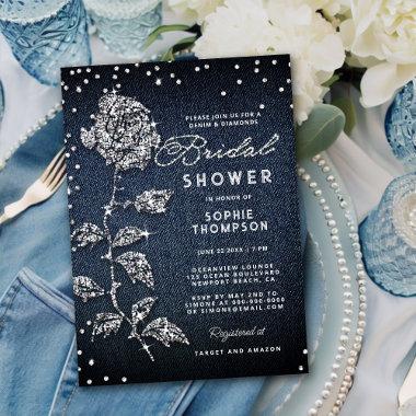 Denim Diamonds Glitter Rose Blue Bridal Shower Invitations