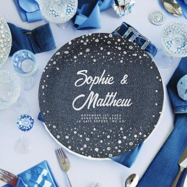 Denim Diamonds Pearls Blue Couple Wedding Shower Paper Plates