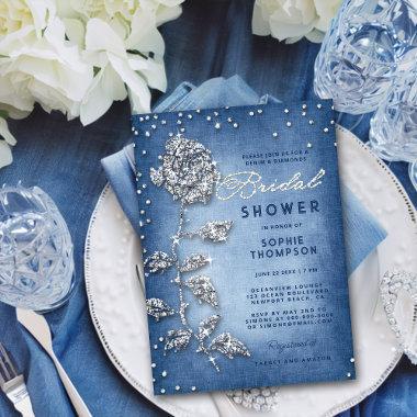 Denim Diamonds Rhinestones Rose Blue Bridal Shower Invitations