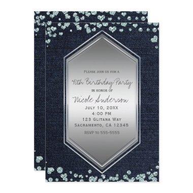 Denim Diamonds Silver Hearts Birthday Party Event Invitations