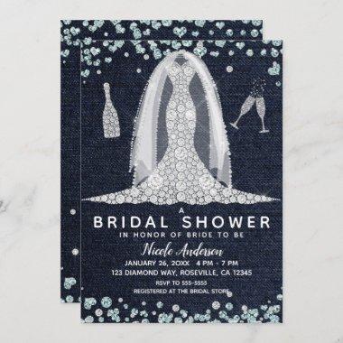 Denim & Diamonds Wedding Dress Bridal Shower Glam Invitations