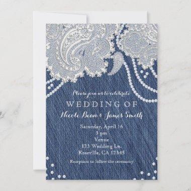 Denim Jean Pearls & White Paisley Lace Wedding Invitations