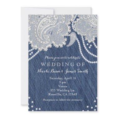 Denim Jean Pearls & White Paisley Lace Wedding Invitations