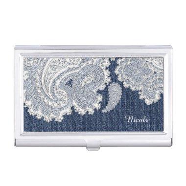Denim Jean & White Lace Business  Holder