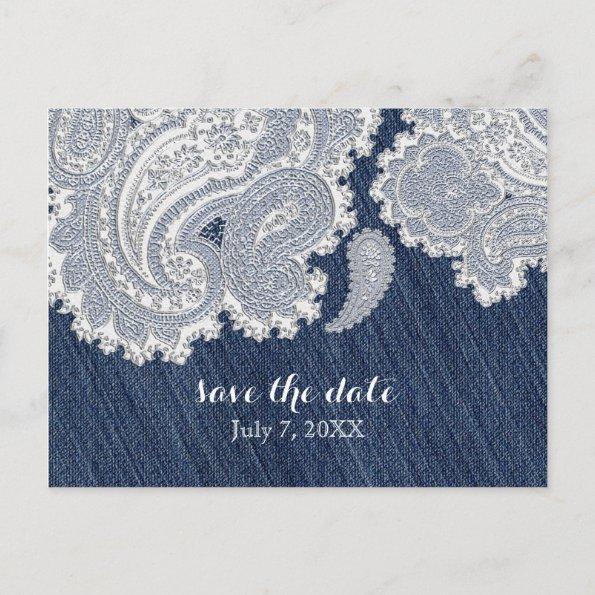 Denim Jean & White Lace Elegant Bridal Wedding Announcement PostInvitations