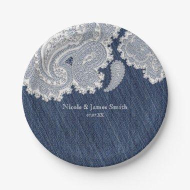 Denim Jean & White Lace Elegant Bridal Wedding Paper Plates