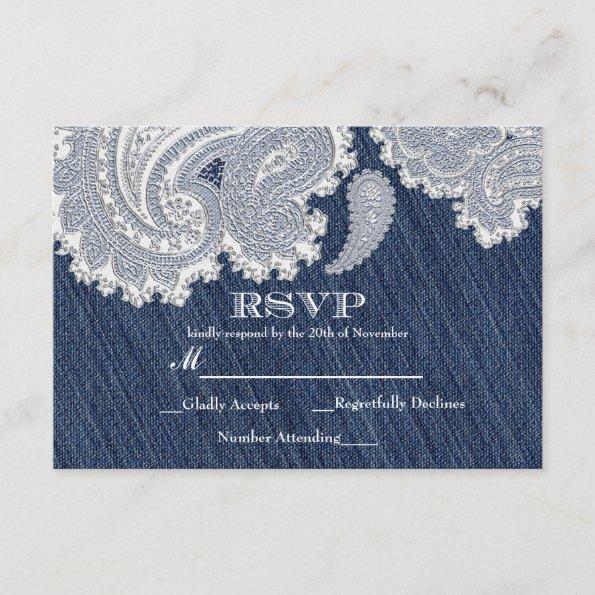 Denim Jean & White Lace Elegant Wedding RSVP Card