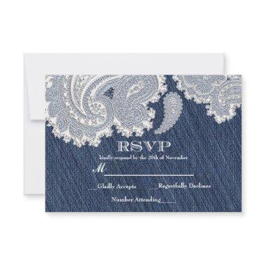 Denim Jean & White Lace Elegant Wedding RSVP Card