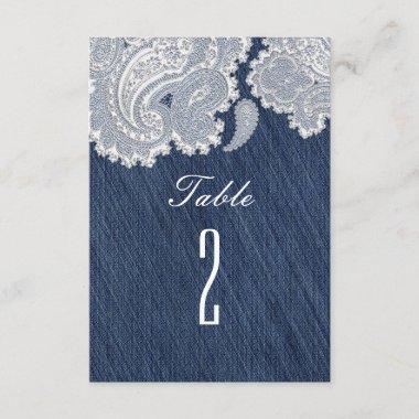 Denim Jean & White Lace Wedding Table Numbers