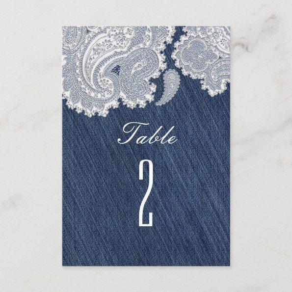 Denim Jean & White Lace Wedding Table Numbers