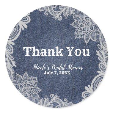 Denim & White Floral Lace Elegant Wedding Favor Classic Round Sticker